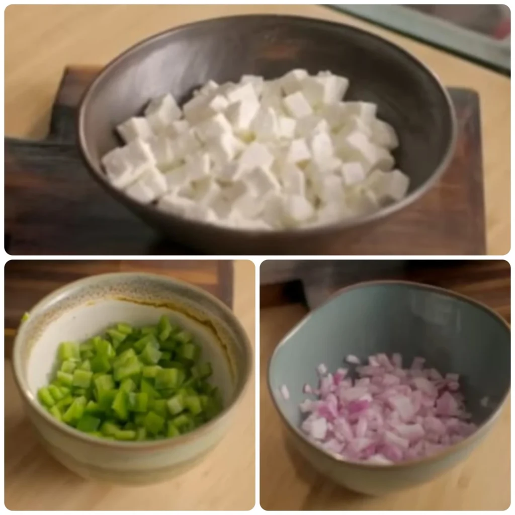 Paneer, Onion, Capsicum choped in a bowl