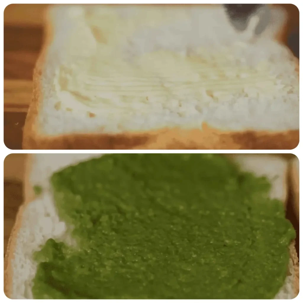 applying butter on one side and green sauce on the other