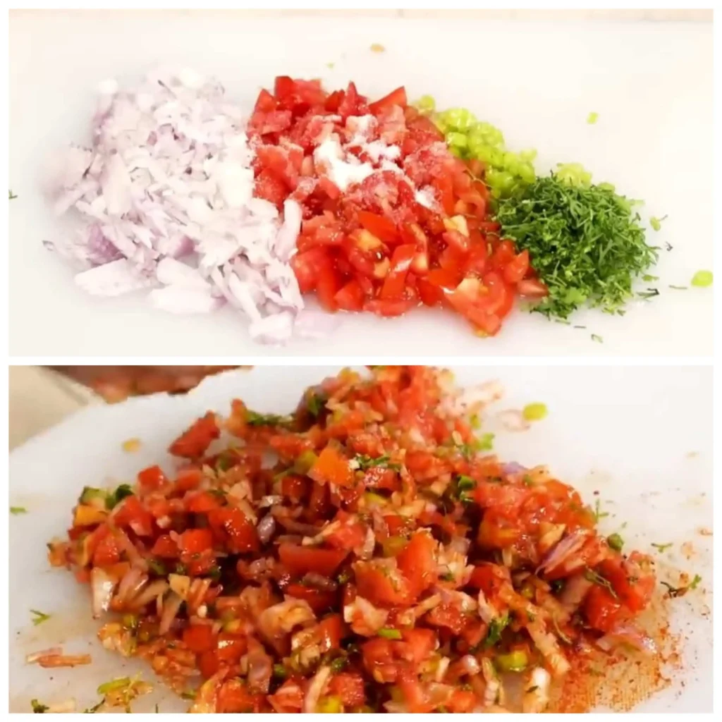 preparing stuffing for onion tomato sandwich